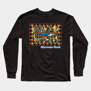 Clearwater Beach Florida Distressed Tribal Island Pattern and Shark Long Sleeve T-Shirt